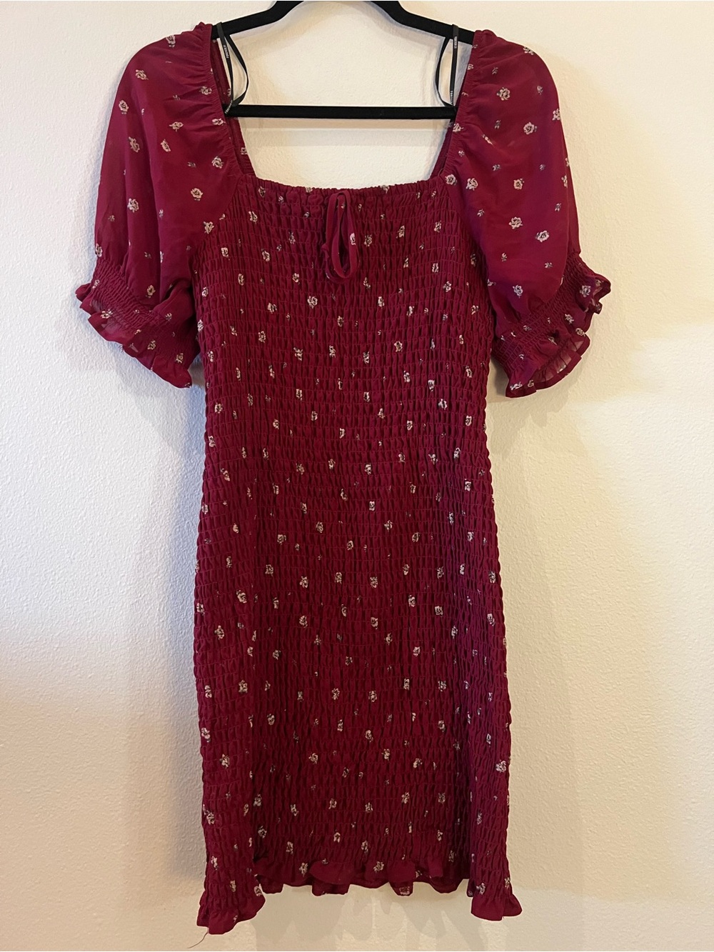 Forever 21 Burgundy Smocked Midi Dress with Puff Sleeves